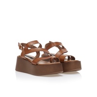 Flatforms κάμελ δερματίνη με πολλαπλά λουράκια και σχέδιο δαχτυλίδι
