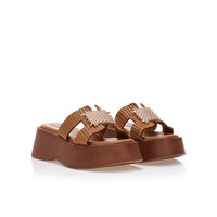 Flatforms κάμελ δερματίνη με ψάθινη φάσα και αγκράφα