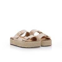 Flatforms μπεζ σουέτ και ψάθινα με ρυθμιζόμενη φάσα