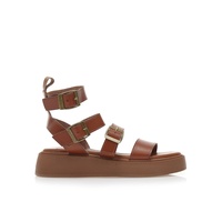 Flatforms κάμελ δερματίνη με λουράκι στον αστράγαλο